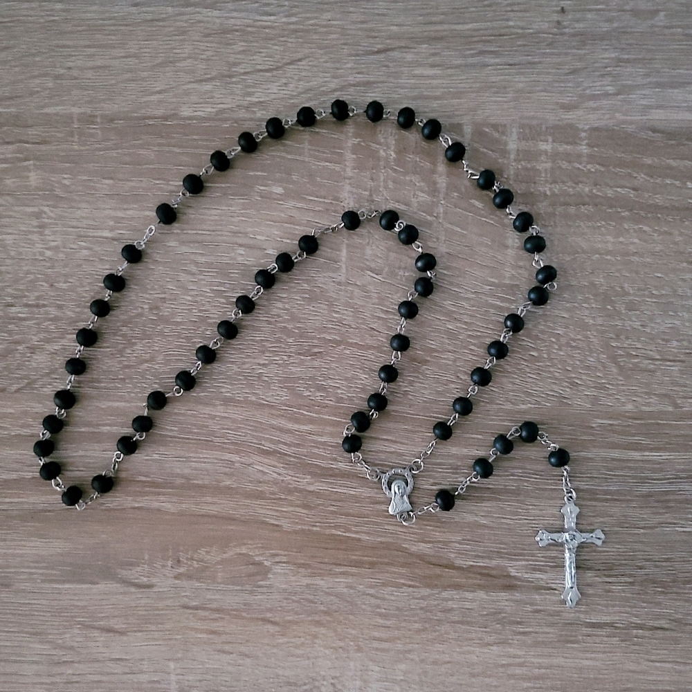 New rosary, black rosary necklace, cross, religious, prayer beads